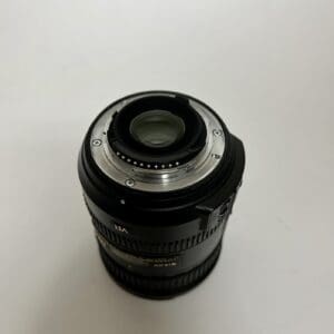 Camera lens viewed from above, white background.