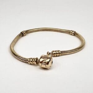 Gold bracelet with decorative clasp design.