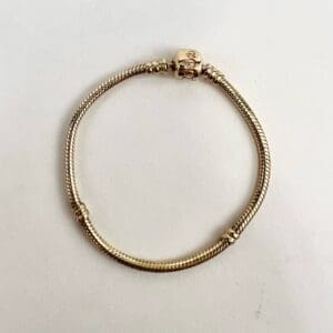 Gold bracelet with intricate clasp design.
