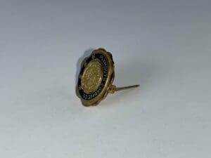 Gold and blue enamel pin on white background.