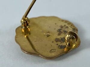 Back of gold-colored brooch with pin.