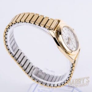 Gold and silver wristwatch on display stand.