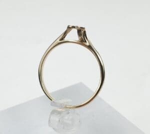 Gold ring on a clear stand.