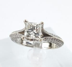 Diamond ring with intricate band design.