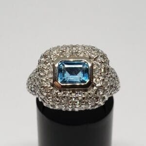 Silver ring with blue gemstone centerpiece.