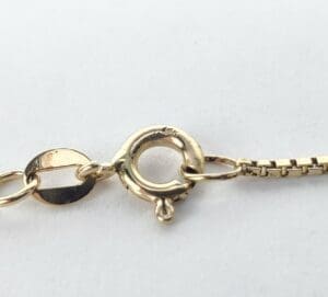 Gold necklace clasp with chain detail.