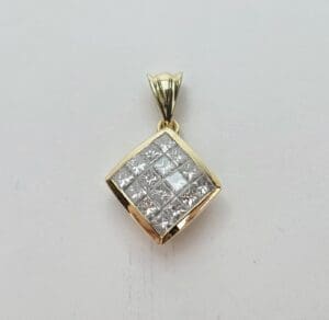 Gold diamond pendant with square design.