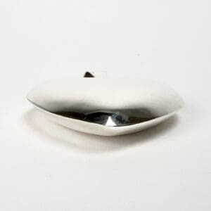 Shiny, oval silver object on white background.