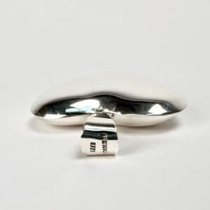 Silver bean-shaped paperweight with engraved details.