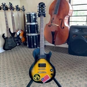 Electric guitar in a music room setting.