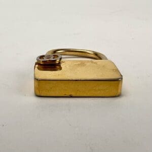 Open brass padlock on white background.