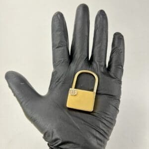 Gloved hand holding a small padlock.