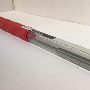 Red and silver serrated rod in packaging.