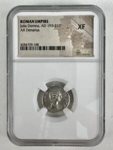 Roman coin in protective display case.