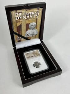 Coin display in box with Severan Dynasty.