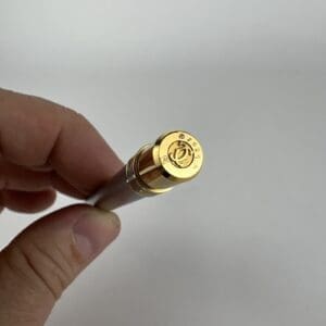Hand holding a gold-tipped pen.