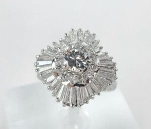 Diamond ring with intricate halo design.