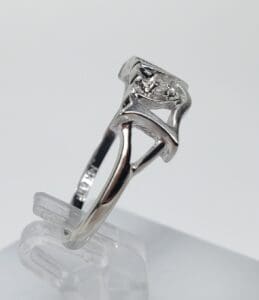 Silver ring with intricate diamond setting.