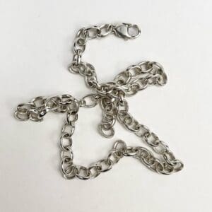 Silver chain with a clasp on white background.