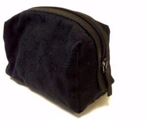 Black zippered pouch with subtle pattern design.
