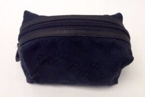Small dark fabric zippered pouch.