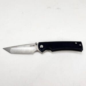 Folding pocket knife with black handle.