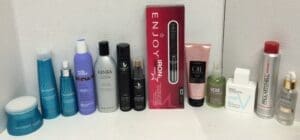 Assorted hair and skincare products on display.