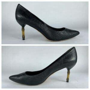 Black high heels with patterned design.