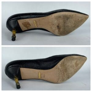 Worn black high-heeled shoes with scuffed soles.
