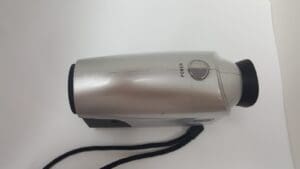 Silver handheld camcorder on white background.
