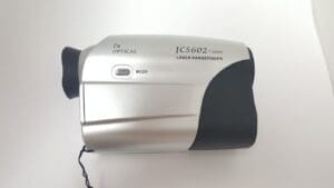 Silver laser rangefinder with black accents.