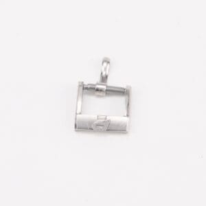 Metal watch buckle on white background.