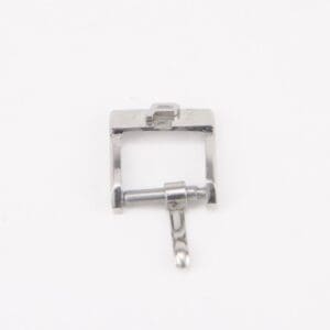 Metal sewing machine presser foot on white.