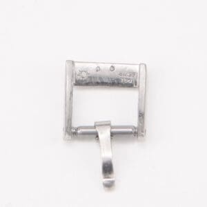 Silver watch buckle with engraved markings.