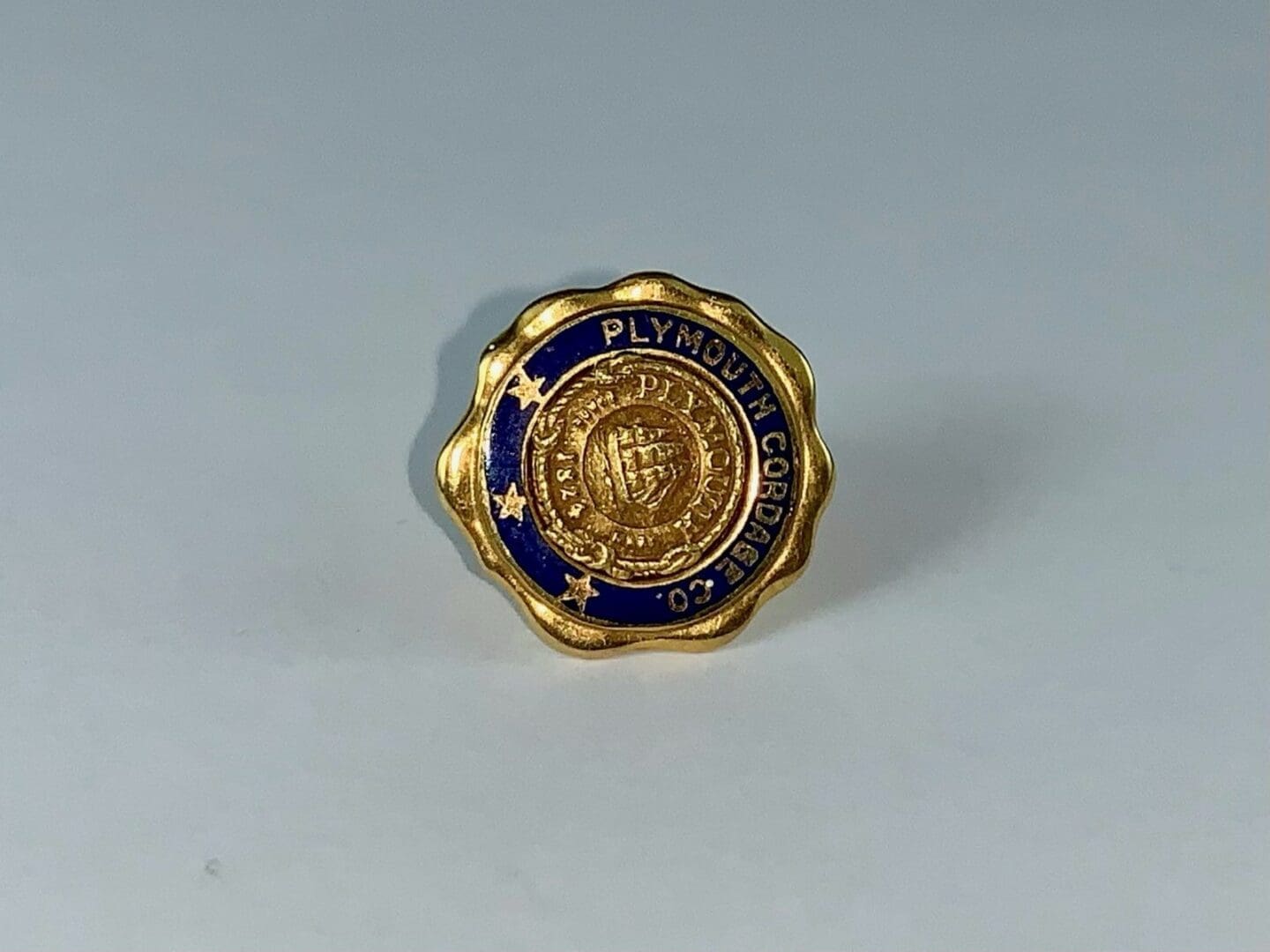 Gold and blue badge with embossed text.