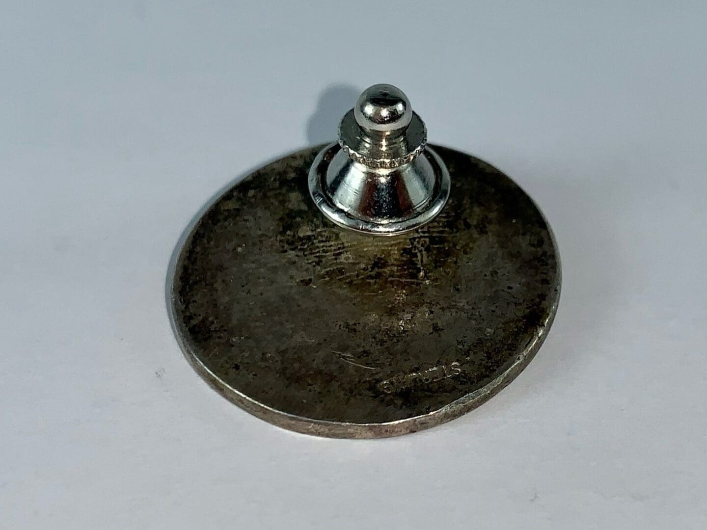 Metallic screw on a flat round base.