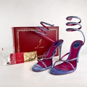 Blue spiral high heels with red box.