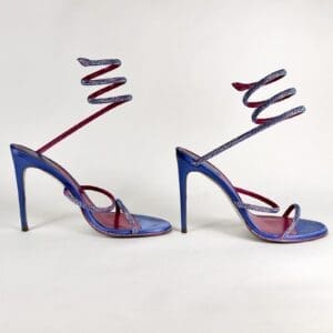 Blue spiral-strap high-heeled sandals.