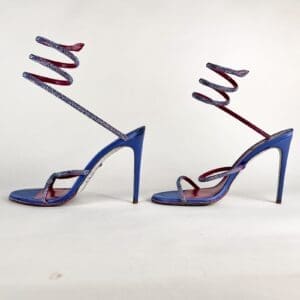Blue spiral-strap high-heeled sandals.