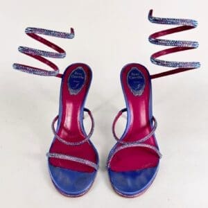 Blue high heels with spiral straps.