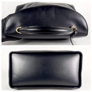 Black leather handbag, top and bottom view.
