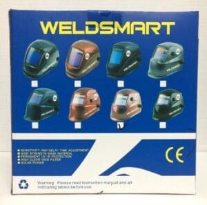 Welding helmets display in various colors.