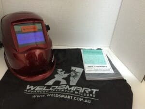 Welding helmet and accessories on display.